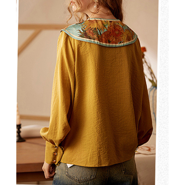 【4color】ゴッホのアートプリント入りプリーツシャツ X-516