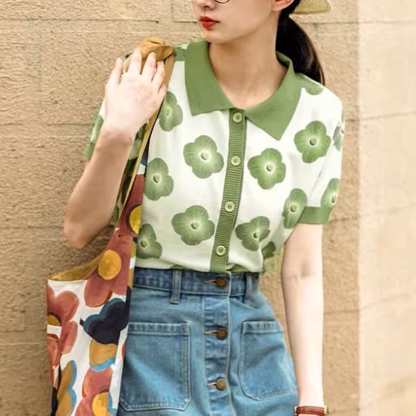 【2color】フラワープリントバイカラーポロシャツ《Z00981》