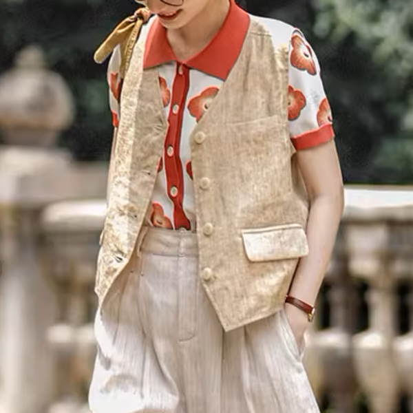 【2color】フラワープリントバイカラーポロシャツ《Z00981》