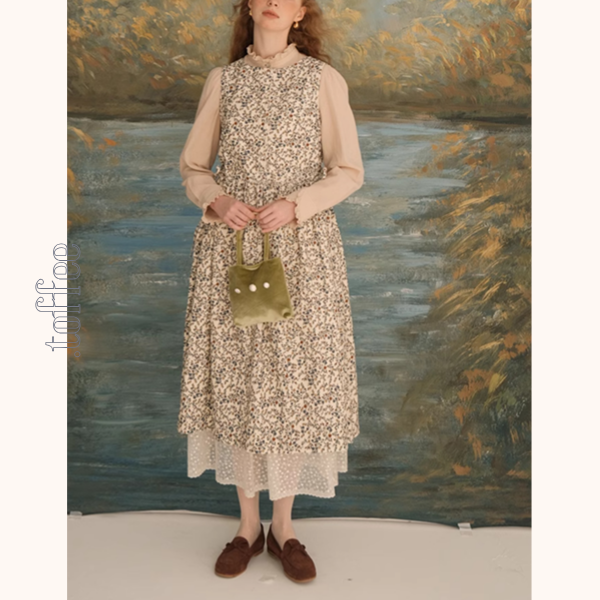 コーデュロイフローラルプリントノースリーブワンピース Z00616