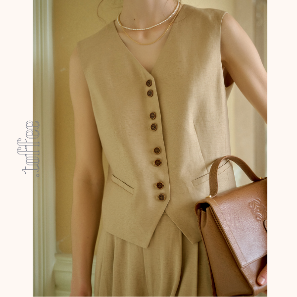 レトロ調シングルブレストベスト&ハイウエストワイドパンツセットアップ 《Z00815》