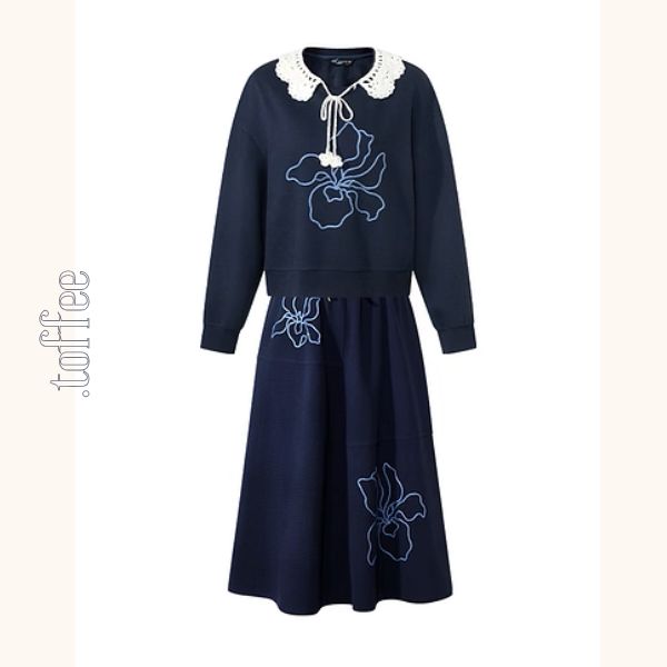 かぎ針襟と花刺繍のネイビーセット《Z01135》