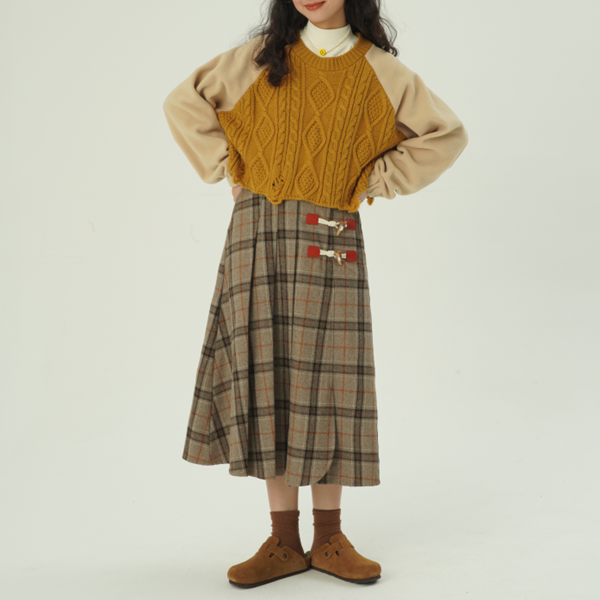 【2color】ホーンボタンチェック柄ロングスカート Z00607