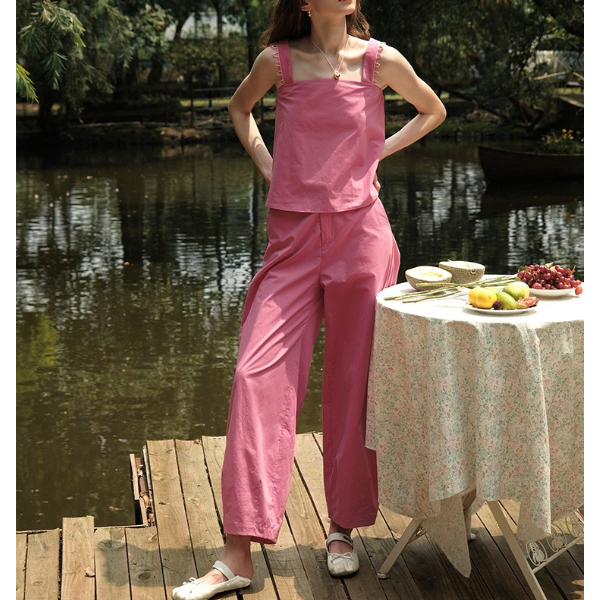 【2color】シンプルレースキャミソール&ロングパンツのセットアップ Z00204