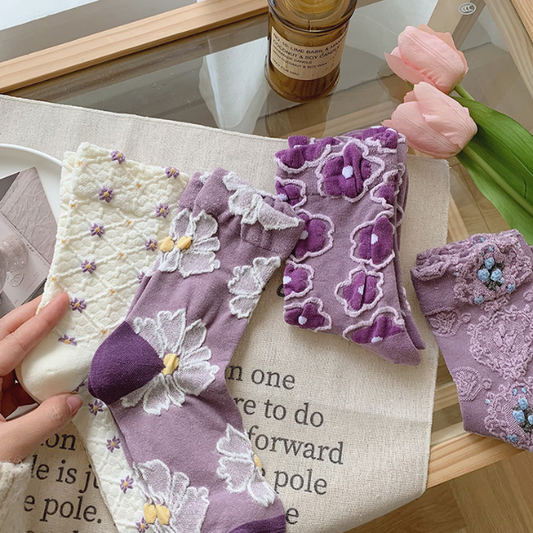 【4足set】パープルフラワーソックス X-030