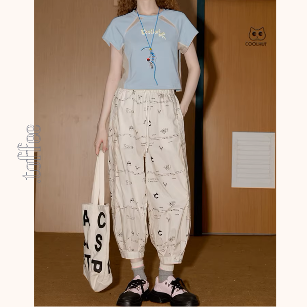 イラストプリントイージークロップドパンツ《Z00899》