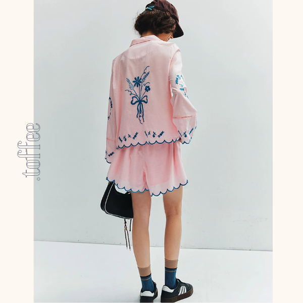 フラワーベース刺繍シャツ&ショートパンツセットアップ《Z01006》