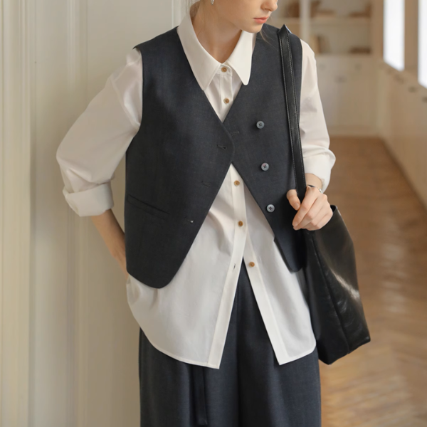 Vネックシングルブレストショートベスト&ハイウエストワイドスーツパンツセットアップ《Z00889》