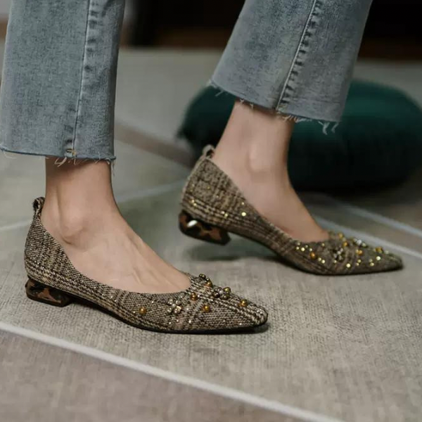 スタッズデコレーションチェックパンプス w-125