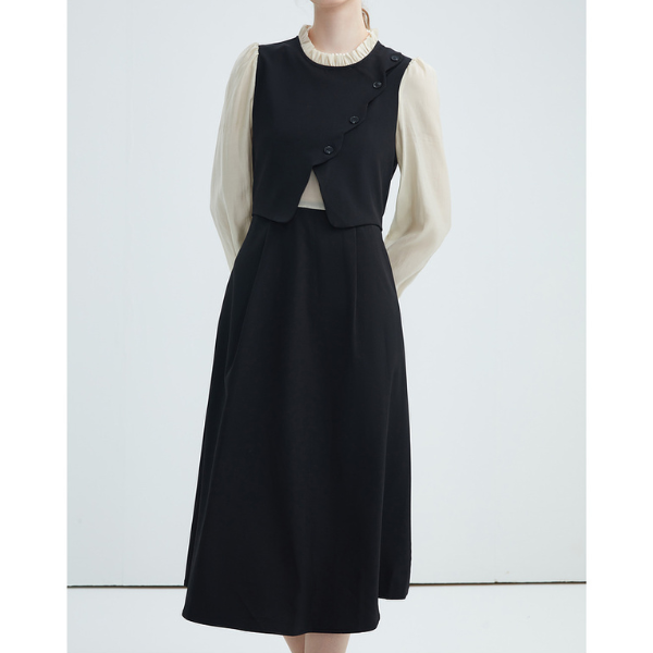 【3color】フェイクツーピース パールエッジワンピース X-424