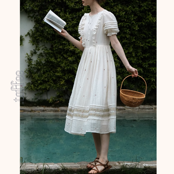 レース&パール装飾パフスリーブワンピース《Z00985》