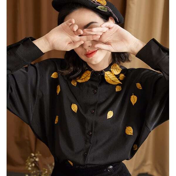 リーフ刺繍シャツブラウス C0076