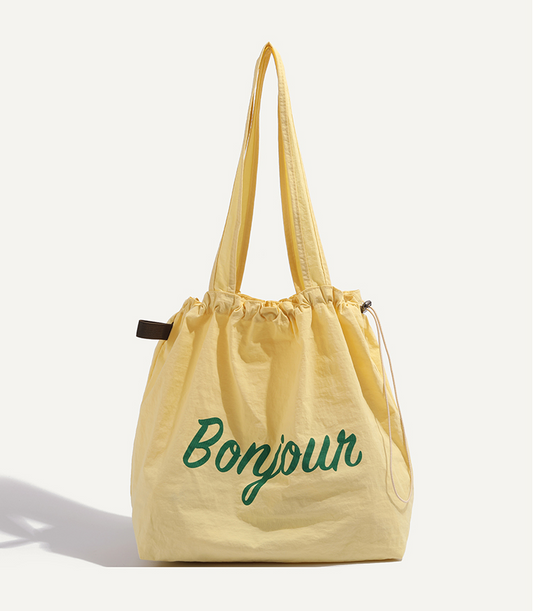 【4color】“Bonjour” レタープリントドローストリングトートバッグ 《Z00802》