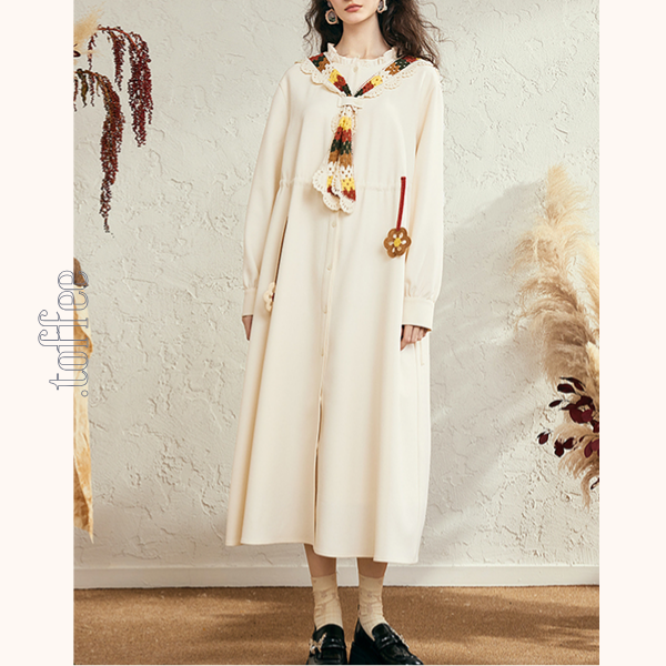 マルチカラーかぎ編みレースタイ付きAラインワンピース 《Z00678》