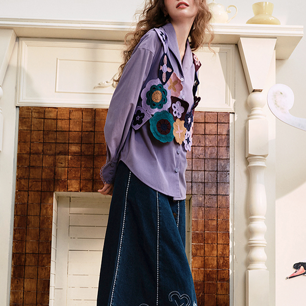 【2color】かぎ編みマルチカラーフラワーモチーフベスト&レースディテールルーズシャツセットアップ    《Z00654》