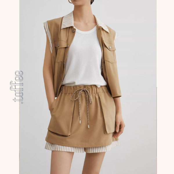 ストライプディテールレイヤード風ベスト&ドローストリングハーフパンツセットアップ《Z00943》