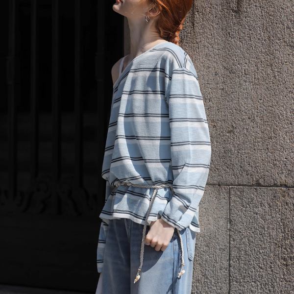 【2color】ワンショルダーストライプシアーニットトップ《Z01027》