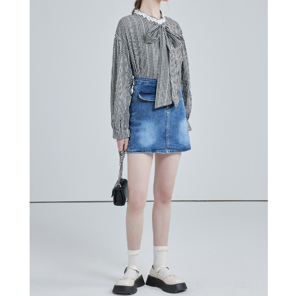 フロントリボンギンガムチェックルーズブラウス X-527