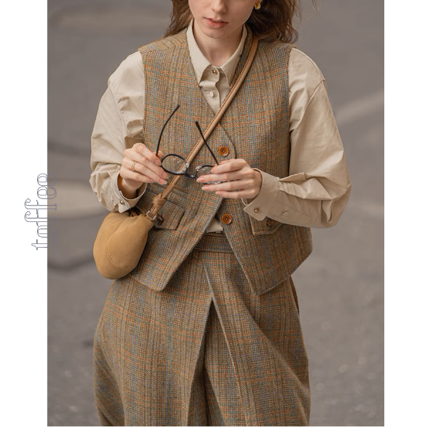 【3color】チェック柄リボン装飾ジレ&ミモレ丈プリーツスカートセットアップ《Z00858》