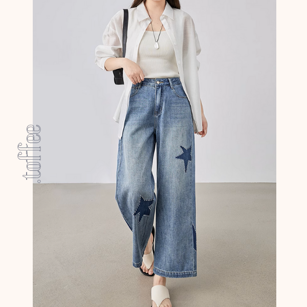 星型アップリケのハイウエストワイドジーンズ《Z00930》