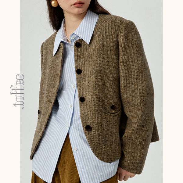 ヘリボーン柄ショートジャケット&プリーツミディスカートのセットアップ Z00481