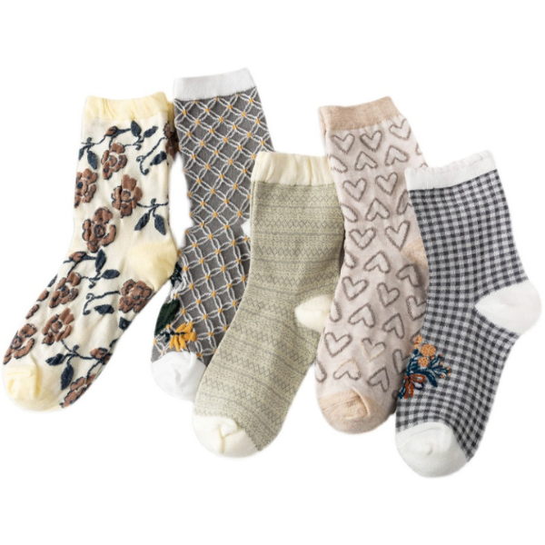 植物とハートモチーフのショートソックス5本セット Z00007