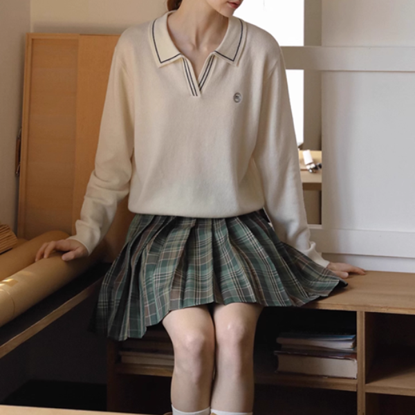 【2color】レトロ配色ポロカラーニットプルオーバー《Z01115》