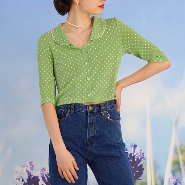 【2color】レトロ可愛いドット柄クロップドニット《Z01050》