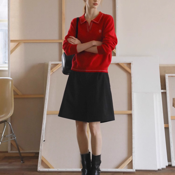 【2color】レトロ配色ポロカラーニットプルオーバー《Z01115》