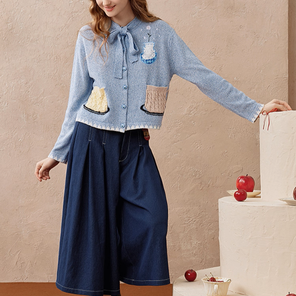 リボンタイ付き刺繍ポケットカーディガン《Z01104》