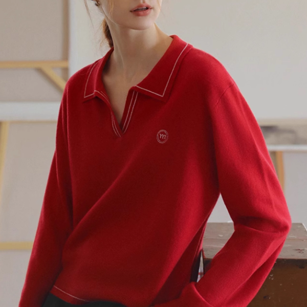 【2color】レトロ配色ポロカラーニットプルオーバー《Z01115》