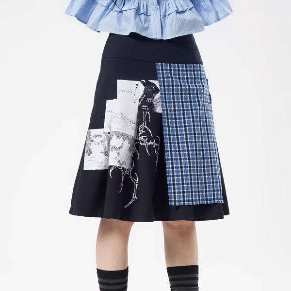 チェック切り替えアートプリントスカート《Z01111》
