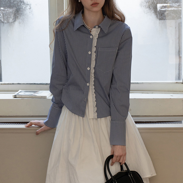 ギンガムチェック柄レースディテールシャツ 《Z00739》