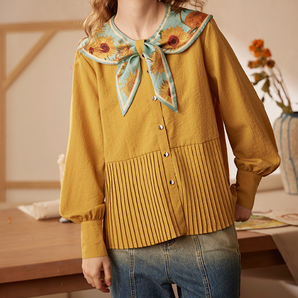 【4color】ゴッホのアートプリント入りプリーツシャツ X-516