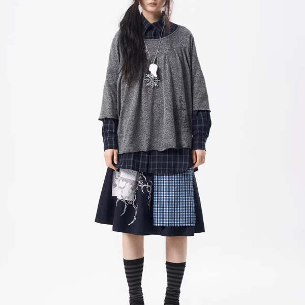チェック切り替えアートプリントスカート《Z01111》