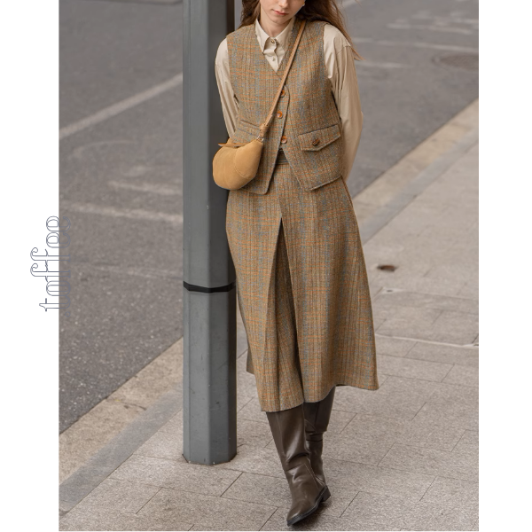 【3color】チェック柄リボン装飾ジレ&ミモレ丈プリーツスカートセットアップ《Z00858》