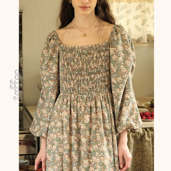 小花柄パフスリーブミモレ丈ワンピース 《Z00745》