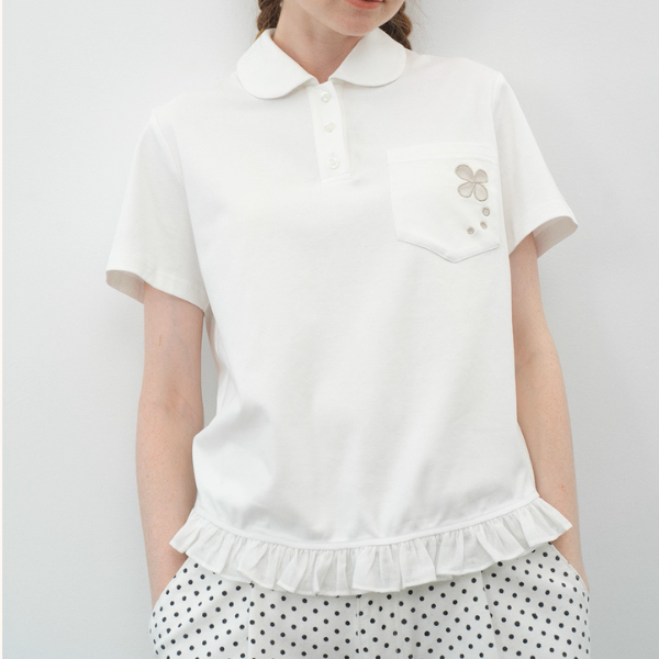 フリル裾花刺繍ポケット付き半袖トップス《Z01107》