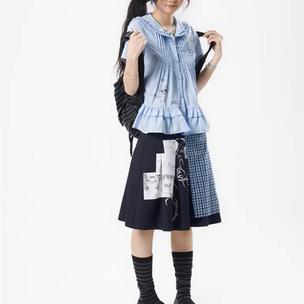 チェック切り替えアートプリントスカート《Z01111》