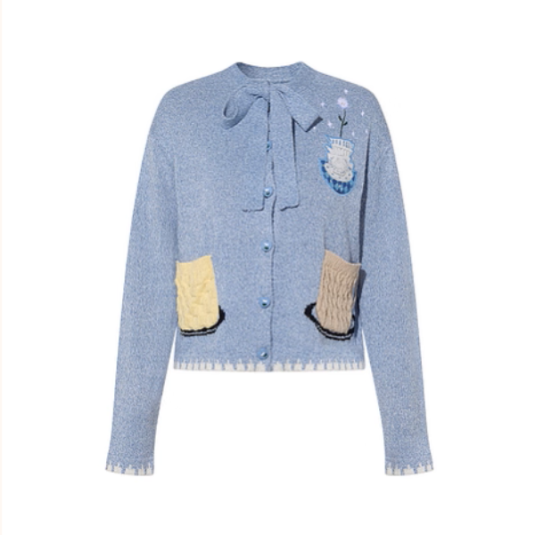 リボンタイ付き刺繍ポケットカーディガン《Z01104》