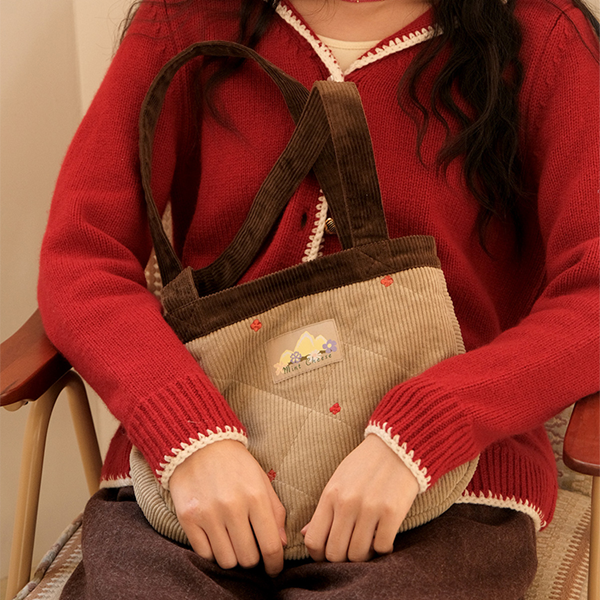 小花刺繍キルティングコーデュロイトートバッグ 《Z00709》