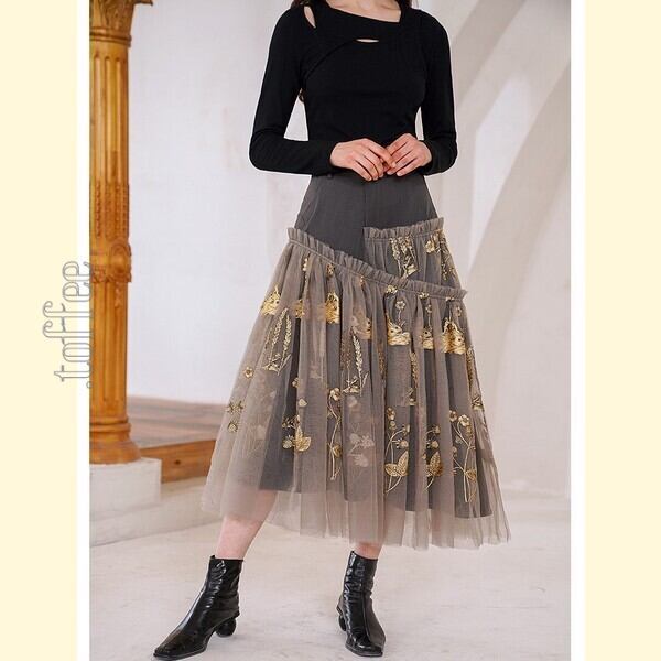 ニッチでクラシカルな植物画刺繍:フェアリーシアースカート C0163