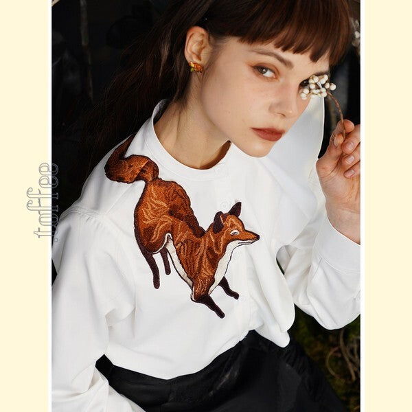 【2color】「小狐物語」森の中のキツネとアシンメトリーフリルブラウス C0182