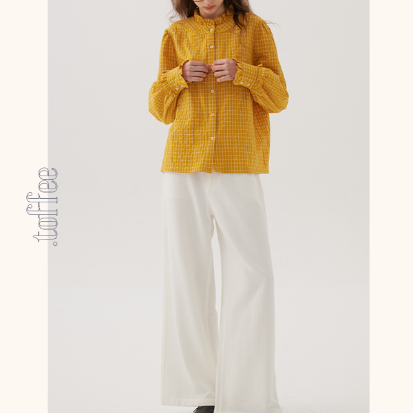 フリルネックチェック柄スリムシャツ《Z00848》