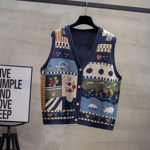 【4color】物語の花が咲くマルチ刺繍ニットベスト《Z01211》