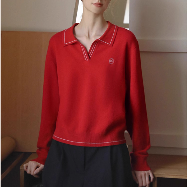 【2color】レトロ配色ポロカラーニットプルオーバー《Z01115》