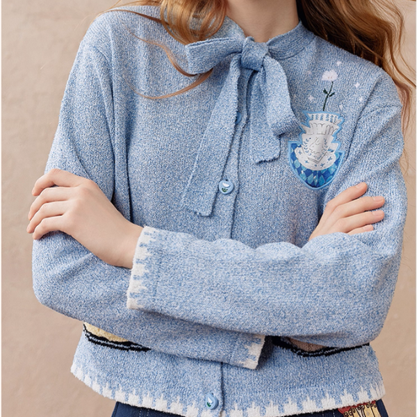 リボンタイ付き刺繍ポケットカーディガン《Z01104》