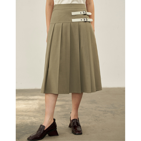 【2color】二つのベルト付きミモレ丈Aラインプリーツスカート Z00223