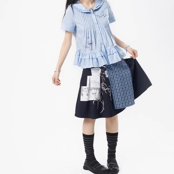 チェック切り替えアートプリントスカート《Z01111》