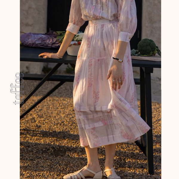 桜ピンクプリーツシャツ&ミモレ丈ティーアドスカートセットアップ《Z00867》